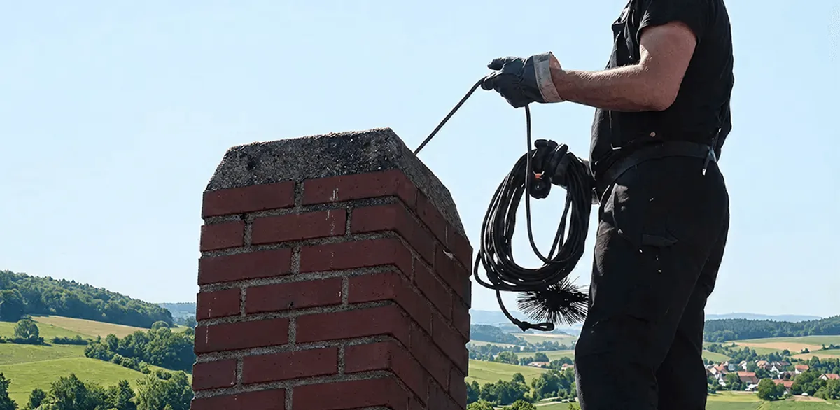 Chimney sweep inspecting and cleaning a rooftop chimney in Duluth, MN