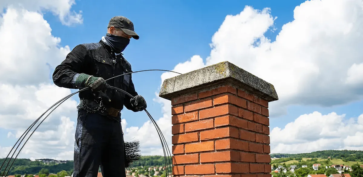 Chimney sweep cleaning a brick chimney with professional tools in Duluth, MN