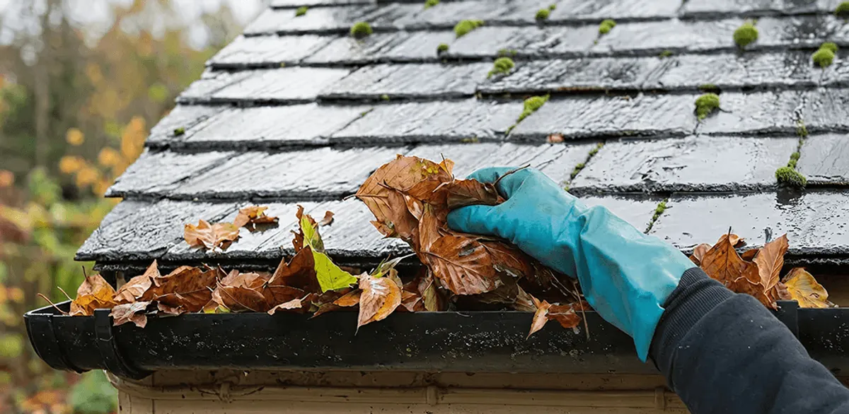 Gutter cleaning technician clearing wet leaves from roof gutters in Duluth, MN